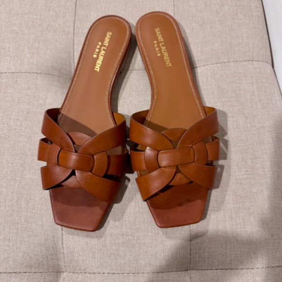 Authentic SAINT LAURENT YSL TRIBUTE AMBER BROWN LEATHER SANDALS FLATS MULES 39/8 - Picture 4 of 10
